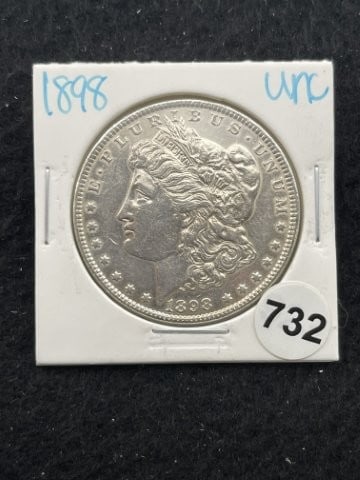 1898 UNC Morgan Silver Dollar Coin: KEY WORDS: INDIAN ARTIFACT ARTIFACTS ARROWHEAD ARROWHEADS NATIVE AMERICAN MISSISSIPPIAN QUAPAW CADDO POTTERY COINS MORGAN DOLLAR PEACE DOLLAR SILVER COINS. All coins have been Sigma tested for authent