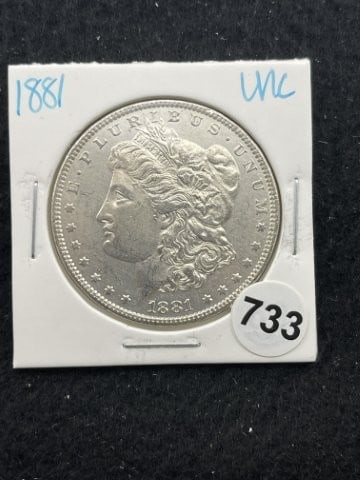 1881 UNC Morgan Silver Dollar Coin: KEY WORDS: INDIAN ARTIFACT ARTIFACTS ARROWHEAD ARROWHEADS NATIVE AMERICAN MISSISSIPPIAN QUAPAW CADDO POTTERY COINS MORGAN DOLLAR PEACE DOLLAR SILVER COINS. All coins have been Sigma tested for authent