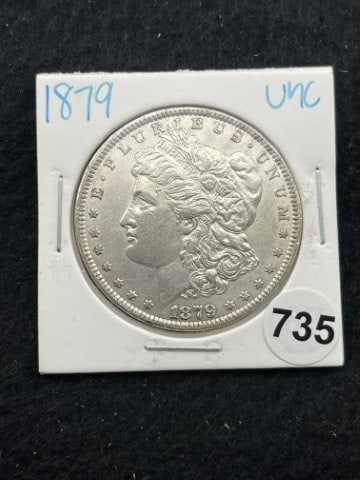 1879 UNC Morgan Silver Dollar Coin: KEY WORDS: INDIAN ARTIFACT ARTIFACTS ARROWHEAD ARROWHEADS NATIVE AMERICAN MISSISSIPPIAN QUAPAW CADDO POTTERY COINS MORGAN DOLLAR PEACE DOLLAR SILVER COINS. All coins have been Sigma tested for authent