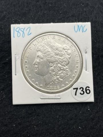 1882 UNC Morgan Silver Dollar Coin: KEY WORDS: INDIAN ARTIFACT ARTIFACTS ARROWHEAD ARROWHEADS NATIVE AMERICAN MISSISSIPPIAN QUAPAW CADDO POTTERY COINS MORGAN DOLLAR PEACE DOLLAR SILVER COINS. All coins have been Sigma tested for authent