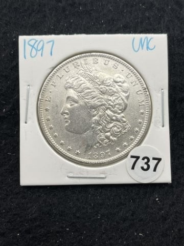 1897 UNC Morgan Silver Dollar Coin: KEY WORDS: INDIAN ARTIFACT ARTIFACTS ARROWHEAD ARROWHEADS NATIVE AMERICAN MISSISSIPPIAN QUAPAW CADDO POTTERY COINS MORGAN DOLLAR PEACE DOLLAR SILVER COINS. All coins have been Sigma tested for authent