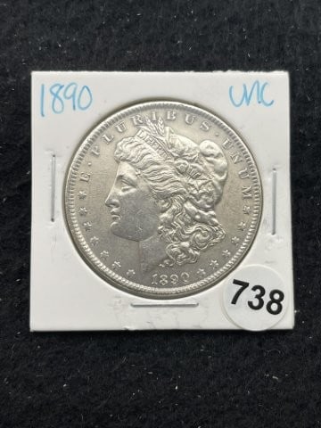 1890 UNC Morgan Silver Dollar Coin: KEY WORDS: INDIAN ARTIFACT ARTIFACTS ARROWHEAD ARROWHEADS NATIVE AMERICAN MISSISSIPPIAN QUAPAW CADDO POTTERY COINS MORGAN DOLLAR PEACE DOLLAR SILVER COINS. All coins have been Sigma tested for authent