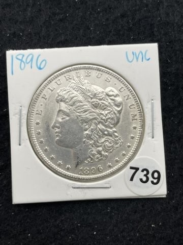 1896 UNC Morgan Silver Dollar Coin: KEY WORDS: INDIAN ARTIFACT ARTIFACTS ARROWHEAD ARROWHEADS NATIVE AMERICAN MISSISSIPPIAN QUAPAW CADDO POTTERY COINS MORGAN DOLLAR PEACE DOLLAR SILVER COINS. All coins have been Sigma tested for authent