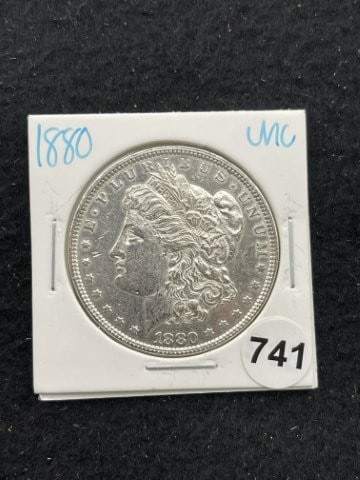 1880 UNC Morgan Silver Dollar Coin: KEY WORDS: INDIAN ARTIFACT ARTIFACTS ARROWHEAD ARROWHEADS NATIVE AMERICAN MISSISSIPPIAN QUAPAW CADDO POTTERY COINS MORGAN DOLLAR PEACE DOLLAR SILVER COINS. All coins have been Sigma tested for authent
