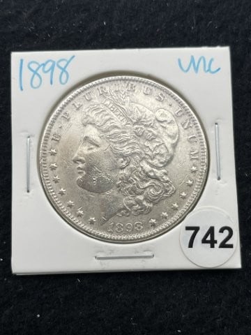 1898 UNC Morgan Silver Dollar Coin: KEY WORDS: INDIAN ARTIFACT ARTIFACTS ARROWHEAD ARROWHEADS NATIVE AMERICAN MISSISSIPPIAN QUAPAW CADDO POTTERY COINS MORGAN DOLLAR PEACE DOLLAR SILVER COINS. All coins have been Sigma tested for authent