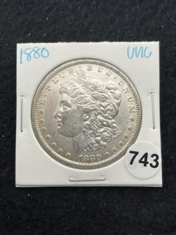 1880 UNC Morgan Silver Dollar Coin: KEY WORDS: INDIAN ARTIFACT ARTIFACTS ARROWHEAD ARROWHEADS NATIVE AMERICAN MISSISSIPPIAN QUAPAW CADDO POTTERY COINS MORGAN DOLLAR PEACE DOLLAR SILVER COINS. All coins have been Sigma tested for authent