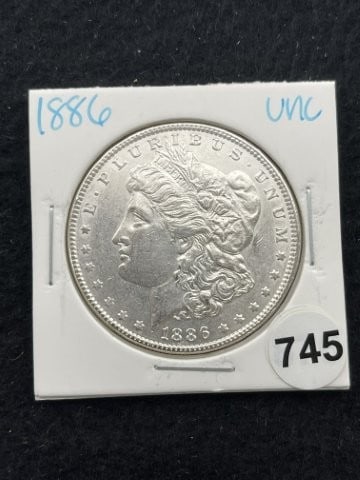 1886 UNC Morgan Silver Dollar Coin: KEY WORDS: INDIAN ARTIFACT ARTIFACTS ARROWHEAD ARROWHEADS NATIVE AMERICAN MISSISSIPPIAN QUAPAW CADDO POTTERY COINS MORGAN DOLLAR PEACE DOLLAR SILVER COINS. All coins have been Sigma tested for authent