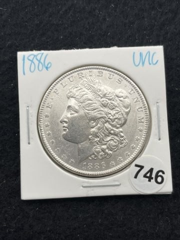1886 UNC Morgan Silver Dollar Coin: KEY WORDS: INDIAN ARTIFACT ARTIFACTS ARROWHEAD ARROWHEADS NATIVE AMERICAN MISSISSIPPIAN QUAPAW CADDO POTTERY COINS MORGAN DOLLAR PEACE DOLLAR SILVER COINS. All coins have been Sigma tested for authent