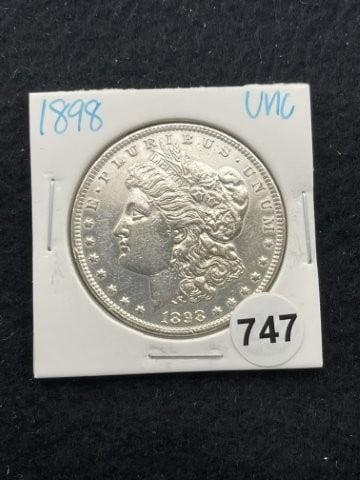 1898 UNC Morgan Silver Dollar Coin: KEY WORDS: INDIAN ARTIFACT ARTIFACTS ARROWHEAD ARROWHEADS NATIVE AMERICAN MISSISSIPPIAN QUAPAW CADDO POTTERY COINS MORGAN DOLLAR PEACE DOLLAR SILVER COINS. All coins have been Sigma tested for authent