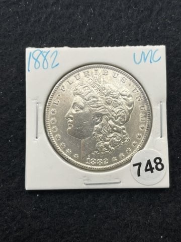 1882 UNC Morgan Silver Dollar Coin: KEY WORDS: INDIAN ARTIFACT ARTIFACTS ARROWHEAD ARROWHEADS NATIVE AMERICAN MISSISSIPPIAN QUAPAW CADDO POTTERY COINS MORGAN DOLLAR PEACE DOLLAR SILVER COINS. All coins have been Sigma tested for authent