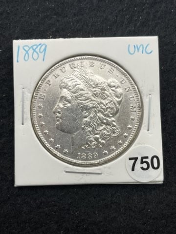 1889 UNC Morgan Silver Dollar Coin: KEY WORDS: INDIAN ARTIFACT ARTIFACTS ARROWHEAD ARROWHEADS NATIVE AMERICAN MISSISSIPPIAN QUAPAW CADDO POTTERY COINS MORGAN DOLLAR PEACE DOLLAR SILVER COINS. All coins have been Sigma tested for authent
