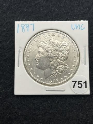 1897 UNC Morgan Silver Dollar Coin: KEY WORDS: INDIAN ARTIFACT ARTIFACTS ARROWHEAD ARROWHEADS NATIVE AMERICAN MISSISSIPPIAN QUAPAW CADDO POTTERY COINS MORGAN DOLLAR PEACE DOLLAR SILVER COINS. All coins have been Sigma tested for authent