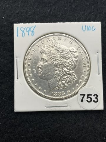 1898 UNC Morgan Silver Dollar Coin: KEY WORDS: INDIAN ARTIFACT ARTIFACTS ARROWHEAD ARROWHEADS NATIVE AMERICAN MISSISSIPPIAN QUAPAW CADDO POTTERY COINS MORGAN DOLLAR PEACE DOLLAR SILVER COINS. All coins have been Sigma tested for authent