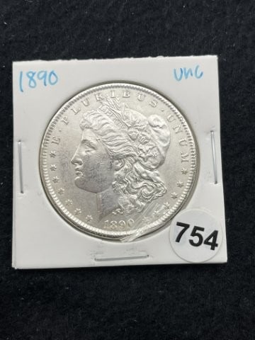 1890 UNC Morgan Silver Dollar Coin: KEY WORDS: INDIAN ARTIFACT ARTIFACTS ARROWHEAD ARROWHEADS NATIVE AMERICAN MISSISSIPPIAN QUAPAW CADDO POTTERY COINS MORGAN DOLLAR PEACE DOLLAR SILVER COINS. All coins have been Sigma tested for authent