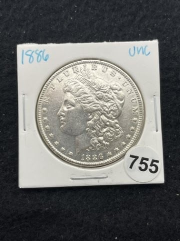 1886 UNC Morgan Silver Dollar Coin: KEY WORDS: INDIAN ARTIFACT ARTIFACTS ARROWHEAD ARROWHEADS NATIVE AMERICAN MISSISSIPPIAN QUAPAW CADDO POTTERY COINS MORGAN DOLLAR PEACE DOLLAR SILVER COINS. All coins have been Sigma tested for authent