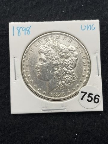 1898 UNC Morgan Silver Dollar Coin: KEY WORDS: INDIAN ARTIFACT ARTIFACTS ARROWHEAD ARROWHEADS NATIVE AMERICAN MISSISSIPPIAN QUAPAW CADDO POTTERY COINS MORGAN DOLLAR PEACE DOLLAR SILVER COINS. All coins have been Sigma tested for authent