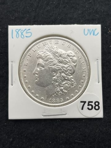 1885 UNC Morgan Silver Dollar Coin: KEY WORDS: INDIAN ARTIFACT ARTIFACTS ARROWHEAD ARROWHEADS NATIVE AMERICAN MISSISSIPPIAN QUAPAW CADDO POTTERY COINS MORGAN DOLLAR PEACE DOLLAR SILVER COINS. All coins have been Sigma tested for authent