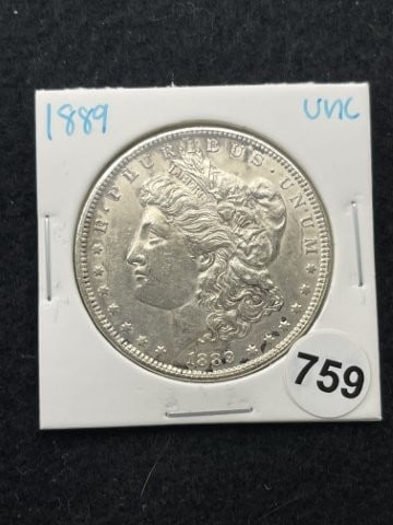 1889 UNC Morgan Silver Dollar Coin: KEY WORDS: INDIAN ARTIFACT ARTIFACTS ARROWHEAD ARROWHEADS NATIVE AMERICAN MISSISSIPPIAN QUAPAW CADDO POTTERY COINS MORGAN DOLLAR PEACE DOLLAR SILVER COINS. All coins have been Sigma tested for authent