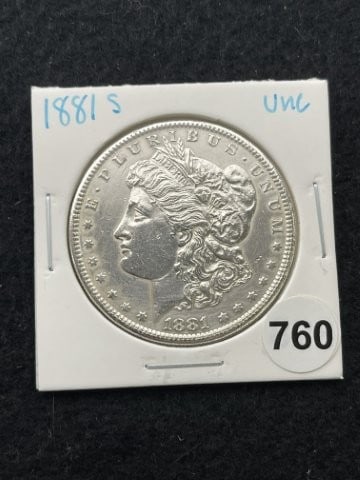 1881 S UNC Morgan Silver Dollar Coin: KEY WORDS: INDIAN ARTIFACT ARTIFACTS ARROWHEAD ARROWHEADS NATIVE AMERICAN MISSISSIPPIAN QUAPAW CADDO POTTERY COINS MORGAN DOLLAR PEACE DOLLAR SILVER COINS. All coins have been Sigma tested for authent