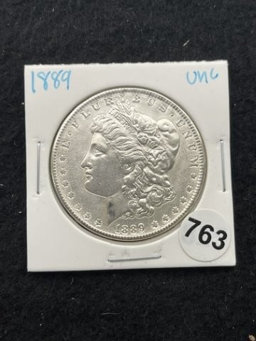 1889 UNC Morgan Silver Dollar Coin: KEY WORDS: INDIAN ARTIFACT ARTIFACTS ARROWHEAD ARROWHEADS NATIVE AMERICAN MISSISSIPPIAN QUAPAW CADDO POTTERY COINS MORGAN DOLLAR PEACE DOLLAR SILVER COINS. All coins have been Sigma tested for authent