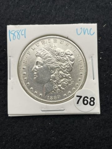 1889 UNC Morgan Silver Dollar Coin: KEY WORDS: INDIAN ARTIFACT ARTIFACTS ARROWHEAD ARROWHEADS NATIVE AMERICAN MISSISSIPPIAN QUAPAW CADDO POTTERY COINS MORGAN DOLLAR PEACE DOLLAR SILVER COINS. All coins have been Sigma tested for authent