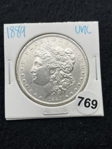 1889 UNC Morgan Silver Dollar Coin: KEY WORDS: INDIAN ARTIFACT ARTIFACTS ARROWHEAD ARROWHEADS NATIVE AMERICAN MISSISSIPPIAN QUAPAW CADDO POTTERY COINS MORGAN DOLLAR PEACE DOLLAR SILVER COINS. All coins have been Sigma tested for authent