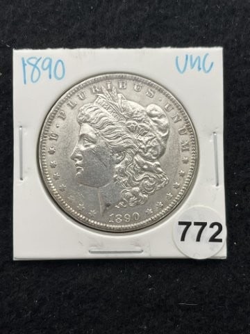 1890 UNC Morgan Silver Dollar Coin: KEY WORDS: INDIAN ARTIFACT ARTIFACTS ARROWHEAD ARROWHEADS NATIVE AMERICAN MISSISSIPPIAN QUAPAW CADDO POTTERY COINS MORGAN DOLLAR PEACE DOLLAR SILVER COINS. All coins have been Sigma tested for