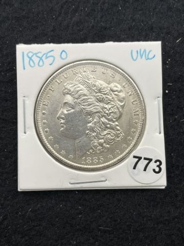 1885 O UNC Morgan Silver Dollar Coin: KEY WORDS: INDIAN ARTIFACT ARTIFACTS ARROWHEAD ARROWHEADS NATIVE AMERICAN MISSISSIPPIAN QUAPAW CADDO POTTERY COINS MORGAN DOLLAR PEACE DOLLAR SILVER COINS. All coins have been Sigma tested for