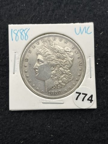 1888 UNC Morgan Silver Dollar Coin: KEY WORDS: INDIAN ARTIFACT ARTIFACTS ARROWHEAD ARROWHEADS NATIVE AMERICAN MISSISSIPPIAN QUAPAW CADDO POTTERY COINS MORGAN DOLLAR PEACE DOLLAR SILVER COINS. All coins have been Sigma tested for