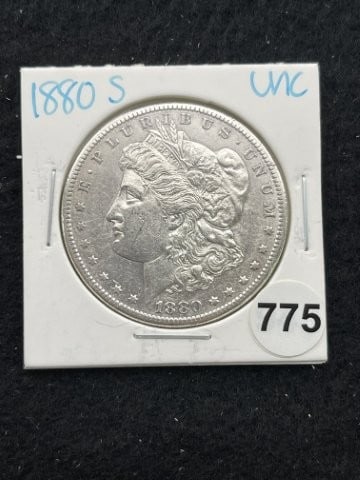 1880 S UNC Morgan Silver Dollar Coin: KEY WORDS: INDIAN ARTIFACT ARTIFACTS ARROWHEAD ARROWHEADS NATIVE AMERICAN MISSISSIPPIAN QUAPAW CADDO POTTERY COINS MORGAN DOLLAR PEACE DOLLAR SILVER COINS. All coins have been Sigma tested for