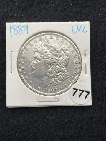 1889 UNC Morgan Silver Dollar Coin: KEY WORDS: INDIAN ARTIFACT ARTIFACTS ARROWHEAD ARROWHEADS NATIVE AMERICAN MISSISSIPPIAN QUAPAW CADDO POTTERY COINS MORGAN DOLLAR PEACE DOLLAR SILVER COINS. All coins have been Sigma tested for authent