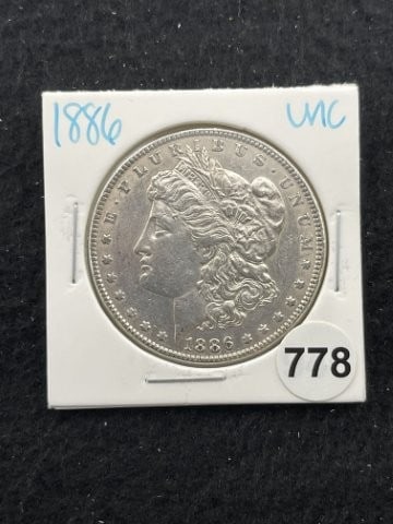 1886 UNC Morgan Silver Dollar Coin: KEY WORDS: INDIAN ARTIFACT ARTIFACTS ARROWHEAD ARROWHEADS NATIVE AMERICAN MISSISSIPPIAN QUAPAW CADDO POTTERY COINS MORGAN DOLLAR PEACE DOLLAR SILVER COINS. All coins have been Sigma tested for authent