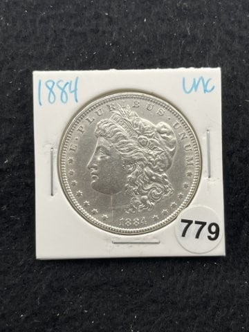 1884 UNC Morgan Silver Dollar Coin: KEY WORDS: INDIAN ARTIFACT ARTIFACTS ARROWHEAD ARROWHEADS NATIVE AMERICAN MISSISSIPPIAN QUAPAW CADDO POTTERY COINS MORGAN DOLLAR PEACE DOLLAR SILVER COINS. All coins have been Sigma tested for authent