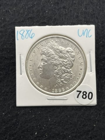 1886 UNC Morgan Silver Dollar Coin: KEY WORDS: INDIAN ARTIFACT ARTIFACTS ARROWHEAD ARROWHEADS NATIVE AMERICAN MISSISSIPPIAN QUAPAW CADDO POTTERY COINS MORGAN DOLLAR PEACE DOLLAR SILVER COINS. All coins have been Sigma tested for authent