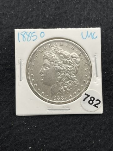 1885 O UNC Morgan Silver Dollar Coin: KEY WORDS: INDIAN ARTIFACT ARTIFACTS ARROWHEAD ARROWHEADS NATIVE AMERICAN MISSISSIPPIAN QUAPAW CADDO POTTERY COINS MORGAN DOLLAR PEACE DOLLAR SILVER COINS. All coins have been Sigma tested for