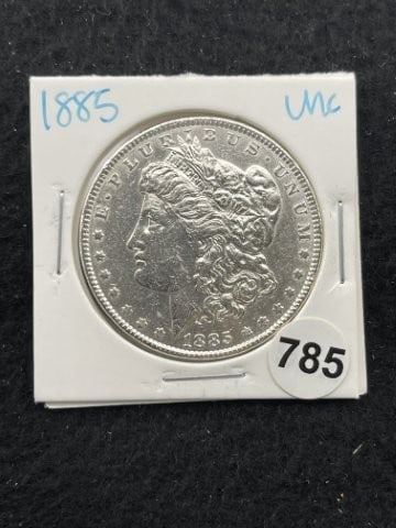 1885 UNC Morgan Silver Dollar Coin: KEY WORDS: INDIAN ARTIFACT ARTIFACTS ARROWHEAD ARROWHEADS NATIVE AMERICAN MISSISSIPPIAN QUAPAW CADDO POTTERY COINS MORGAN DOLLAR PEACE DOLLAR SILVER COINS. All coins have been Sigma tested for