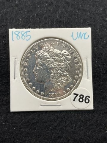 1885 UNC Morgan Silver Dollar Coin: KEY WORDS: INDIAN ARTIFACT ARTIFACTS ARROWHEAD ARROWHEADS NATIVE AMERICAN MISSISSIPPIAN QUAPAW CADDO POTTERY COINS MORGAN DOLLAR PEACE DOLLAR SILVER COINS. All coins have been Sigma tested for