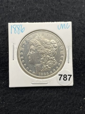 1886 UNC Morgan Silver Dollar Coin: KEY WORDS: INDIAN ARTIFACT ARTIFACTS ARROWHEAD ARROWHEADS NATIVE AMERICAN MISSISSIPPIAN QUAPAW CADDO POTTERY COINS MORGAN DOLLAR PEACE DOLLAR SILVER COINS. All coins have been Sigma tested for