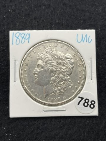 1889 UNC Morgan Silver Dollar Coin: KEY WORDS: INDIAN ARTIFACT ARTIFACTS ARROWHEAD ARROWHEADS NATIVE AMERICAN MISSISSIPPIAN QUAPAW CADDO POTTERY COINS MORGAN DOLLAR PEACE DOLLAR SILVER COINS. All coins have been Sigma tested for