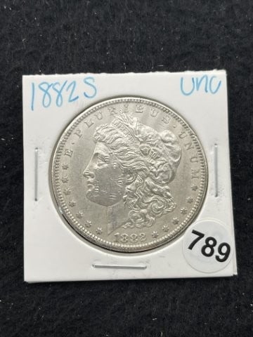 1882 S UNC Morgan Silver Dollar Coin: KEY WORDS: INDIAN ARTIFACT ARTIFACTS ARROWHEAD ARROWHEADS NATIVE AMERICAN MISSISSIPPIAN QUAPAW CADDO POTTERY COINS MORGAN DOLLAR PEACE DOLLAR SILVER COINS. All coins have been Sigma tested for
