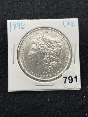 1896 UNC Morgan Silver Dollar Coin: KEY WORDS: INDIAN ARTIFACT ARTIFACTS ARROWHEAD ARROWHEADS NATIVE AMERICAN MISSISSIPPIAN QUAPAW CADDO POTTERY COINS MORGAN DOLLAR PEACE DOLLAR SILVER COINS. All coins have been Sigma tested for