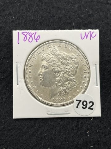 1886 UNC Morgan Silver Dollar Coin: KEY WORDS: INDIAN ARTIFACT ARTIFACTS ARROWHEAD ARROWHEADS NATIVE AMERICAN MISSISSIPPIAN QUAPAW CADDO POTTERY COINS MORGAN DOLLAR PEACE DOLLAR SILVER COINS. All coins have been Sigma tested for authent