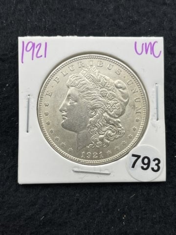1921 UNC Morgan Silver Dollar Coin: KEY WORDS: INDIAN ARTIFACT ARTIFACTS ARROWHEAD ARROWHEADS NATIVE AMERICAN MISSISSIPPIAN QUAPAW CADDO POTTERY COINS MORGAN DOLLAR PEACE DOLLAR SILVER COINS. All coins have been Sigma tested for authent