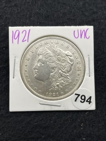 1921 UNC Morgan Silver Dollar Coin: KEY WORDS: INDIAN ARTIFACT ARTIFACTS ARROWHEAD ARROWHEADS NATIVE AMERICAN MISSISSIPPIAN QUAPAW CADDO POTTERY COINS MORGAN DOLLAR PEACE DOLLAR SILVER COINS. All coins have been Sigma tested for authent