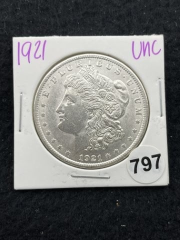 1921 UNC Morgan Silver Dollar Coin: KEY WORDS: INDIAN ARTIFACT ARTIFACTS ARROWHEAD ARROWHEADS NATIVE AMERICAN MISSISSIPPIAN QUAPAW CADDO POTTERY COINS MORGAN DOLLAR PEACE DOLLAR SILVER COINS. All coins have been Sigma tested for authent