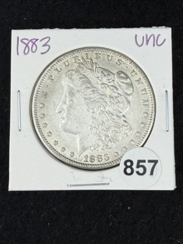 1883 UNC Morgan Silver Dollar Coin: KEY WORDS: INDIAN ARTIFACT ARTIFACTS ARROWHEAD ARROWHEADS NATIVE AMERICAN MISSISSIPPIAN QUAPAW CADDO POTTERY COINS MORGAN DOLLAR PEACE DOLLAR SILVER COINS. All coins have been Sigma tested for