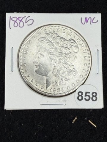 1885 UNC Morgan Silver Dollar Coin: KEY WORDS: INDIAN ARTIFACT ARTIFACTS ARROWHEAD ARROWHEADS NATIVE AMERICAN MISSISSIPPIAN QUAPAW CADDO POTTERY COINS MORGAN DOLLAR PEACE DOLLAR SILVER COINS. All coins have been Sigma tested for
