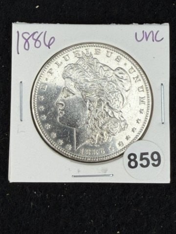 1886 UNC Morgan Silver Dollar Coin: KEY WORDS: INDIAN ARTIFACT ARTIFACTS ARROWHEAD ARROWHEADS NATIVE AMERICAN MISSISSIPPIAN QUAPAW CADDO POTTERY COINS MORGAN DOLLAR PEACE DOLLAR SILVER COINS. All coins have been Sigma tested for authent