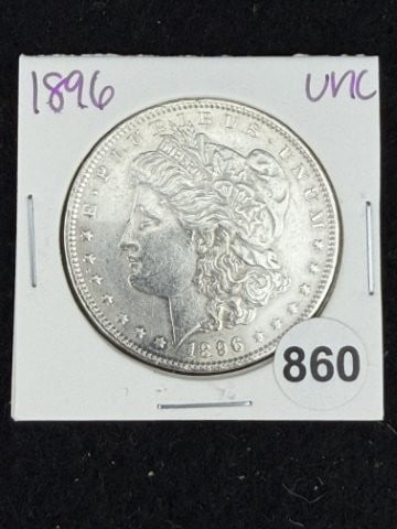 1896 UNC Morgan Silver Dollar Coin: KEY WORDS: INDIAN ARTIFACT ARTIFACTS ARROWHEAD ARROWHEADS NATIVE AMERICAN MISSISSIPPIAN QUAPAW CADDO POTTERY COINS MORGAN DOLLAR PEACE DOLLAR SILVER COINS. All coins have been Sigma tested for authent