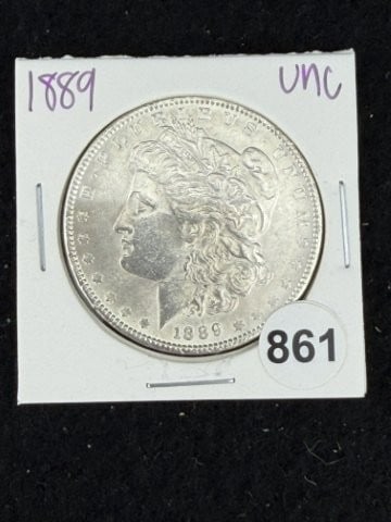 1889 UNC Morgan Silver Dollar Coin: KEY WORDS: INDIAN ARTIFACT ARTIFACTS ARROWHEAD ARROWHEADS NATIVE AMERICAN MISSISSIPPIAN QUAPAW CADDO POTTERY COINS MORGAN DOLLAR PEACE DOLLAR SILVER COINS. All coins have been Sigma tested for authent